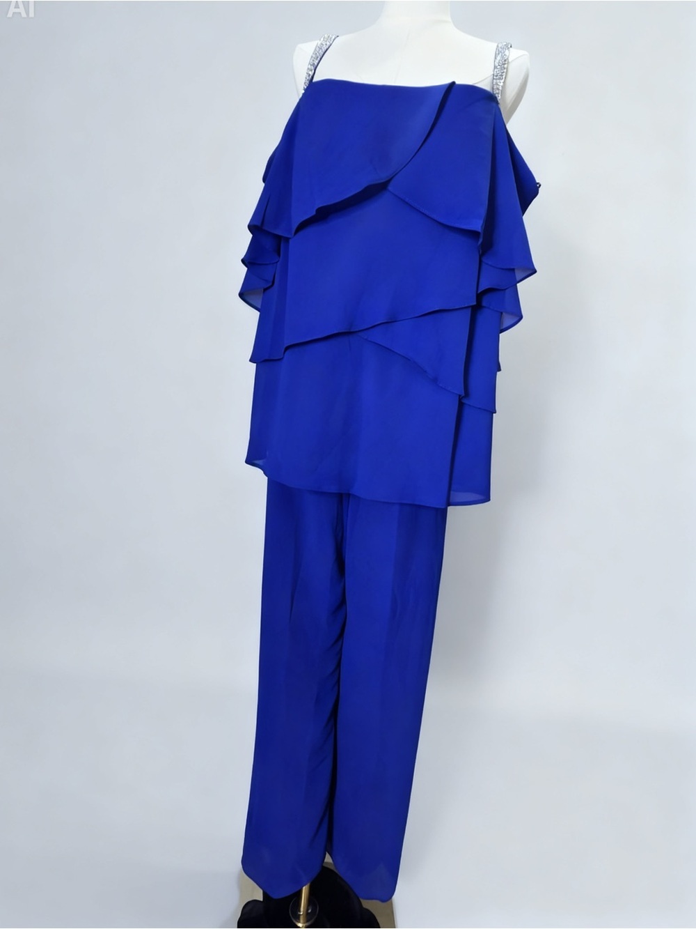 R&M Richards Royal Blue Ruffled Two-Piece Dress with Embellished Straps